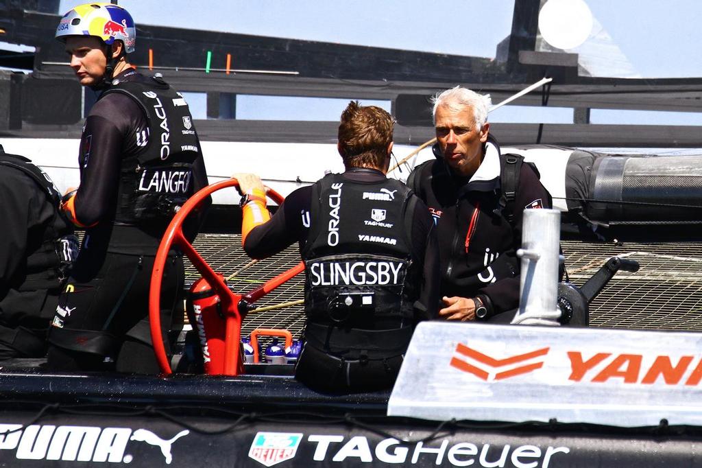 Performance Coach Philippe Presti makes a point to Oracle Team USA’s tom Slingsby soon after they had lost another race to Emirates Team NZ © Richard Gladwell www.photosport.co.nz